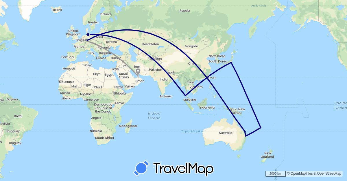 TravelMap itinerary: driving, plane in United Arab Emirates, Australia, Germany, France, Japan, Thailand (Asia, Europe, Oceania)